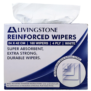 Livingstone Reinforced Pop-Up Wipers, 20pct Savings on Wypall X50, 4-Ply, 24 x 42cm, White, 160/Box, 640/Carton Carton