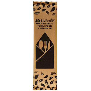 Liv Eco Biodegradable Wooden Knife, Fork, Spoon & Napkin Set, 160mm, FSC Certified, Disposable, 400 Sets/Carton Carton
